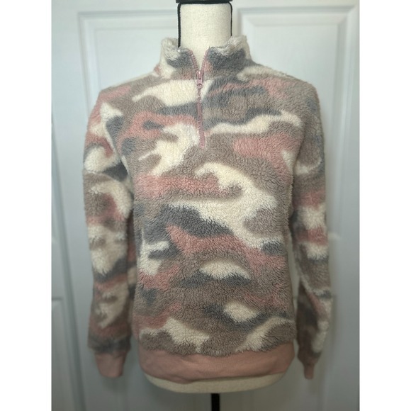 Grayson Threads Tops - Grayson‎ Threads Teddy Fuzzy Pink Camo 1/4 Zip Sweatshirt Size Small